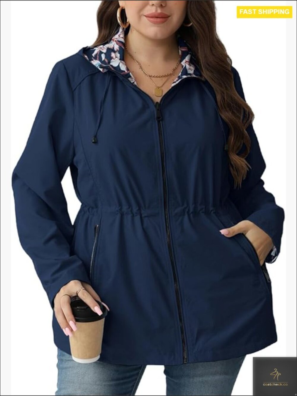 Reversible Plus Size Windbreaker Casual Lightweight Jacket with Hood Floral
